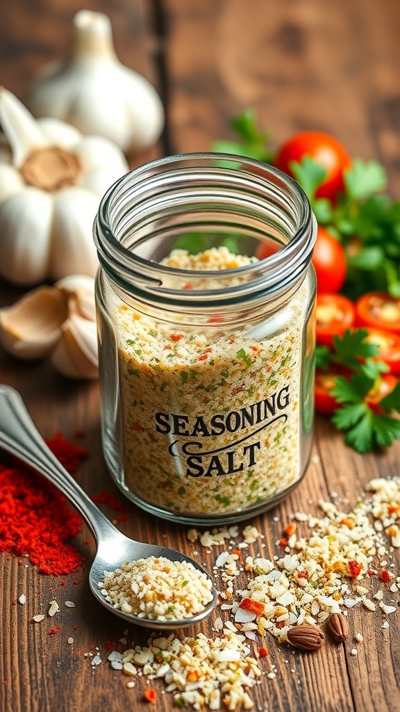 Homemade Seasoning Salt Recipe A jar of homemade seasoning salt with herbs and spices on a wooden table.